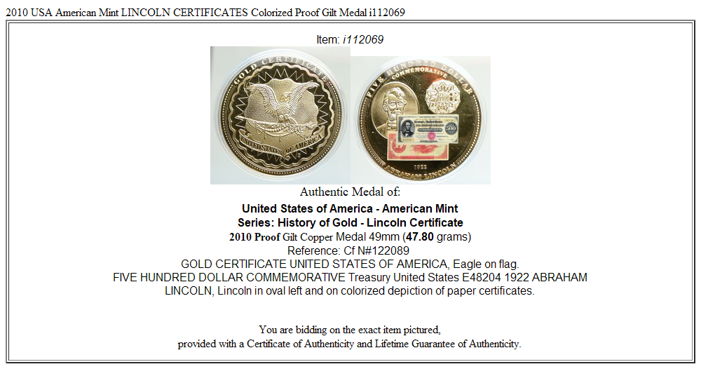 2010 USA American Mint LINCOLN CERTIFICATES Colorized Proof Gilt Medal i112069