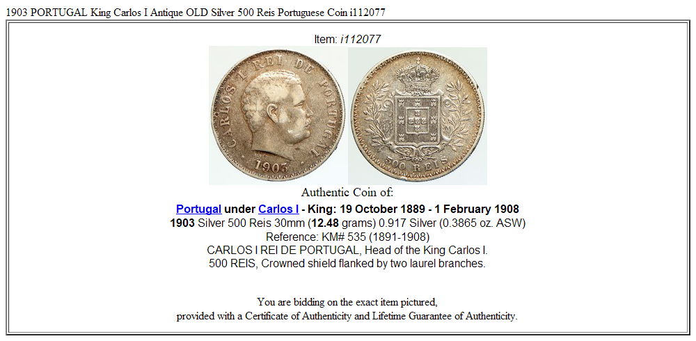 1903 PORTUGAL King Carlos I Antique OLD Silver 500 Reis Portuguese Coin i112077