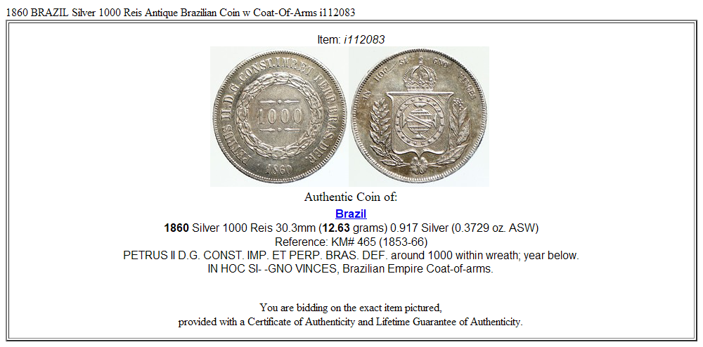 1860 BRAZIL Silver 1000 Reis Antique Brazilian Coin w Coat-Of-Arms i112083