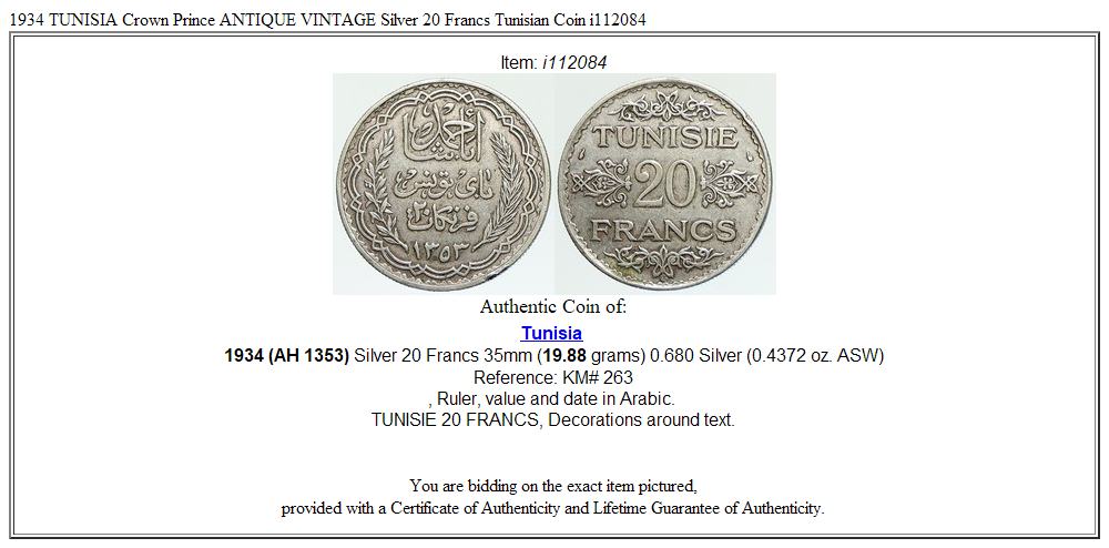 1934 TUNISIA Crown Prince ANTIQUE VINTAGE Silver 20 Francs Tunisian Coin i112084