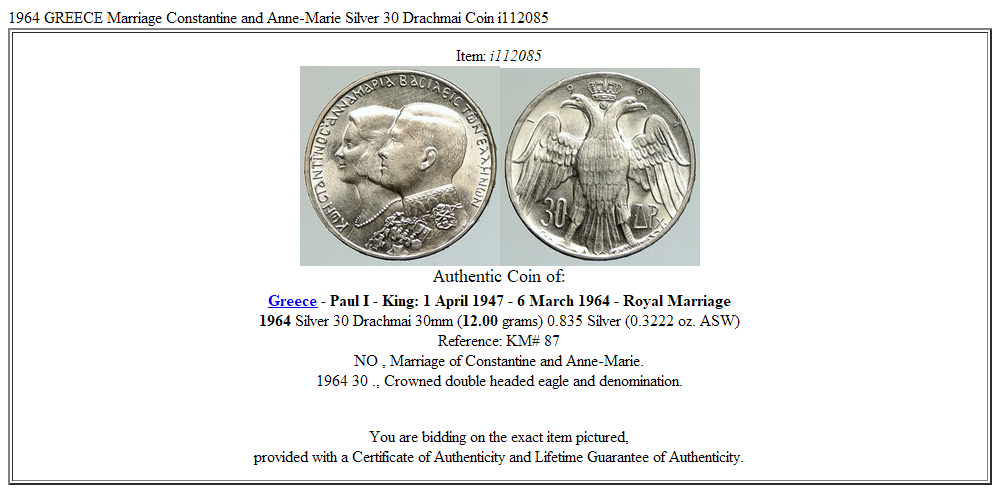 1964 GREECE Marriage Constantine and Anne-Marie Silver 30 Drachmai Coin i112085