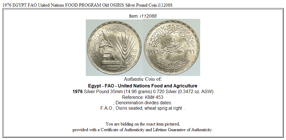 1976 EGYPT FAO United Nations FOOD PROGRAM Old OSIRIS Silver Pound Coin i112088