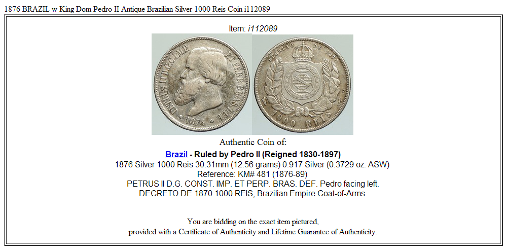 1876 BRAZIL w King Dom Pedro II Antique Brazilian Silver 1000 Reis Coin i112089