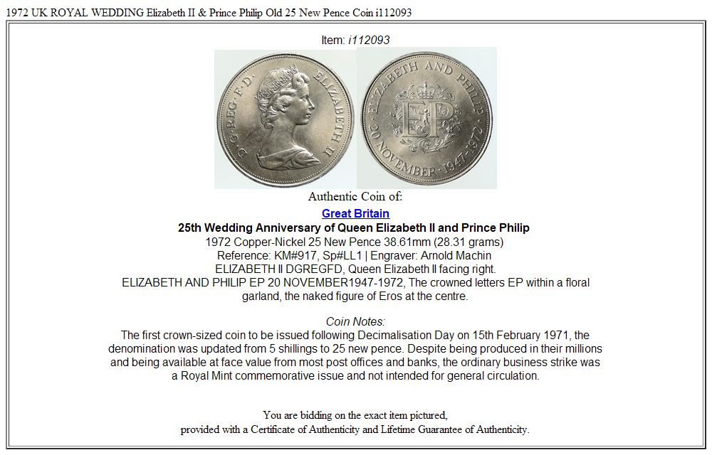 1972 UK ROYAL WEDDING Elizabeth II & Prince Philip Old 25 New Pence Coin i112093