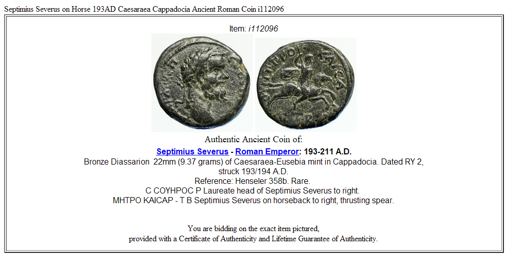 Septimius Severus on Horse 193AD Caesaraea Cappadocia Ancient Roman Coin i112096