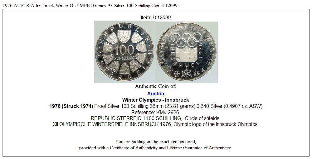 1976 AUSTRIA Innsbruck Winter OLYMPIC Games PF Silver 100 Schilling Coin i112099