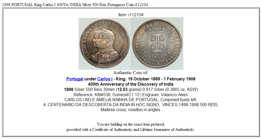 1898 PORTUGAL King Carlos I 400Yrs INDIA Silver 500 Reis Portuguese Coin i112104