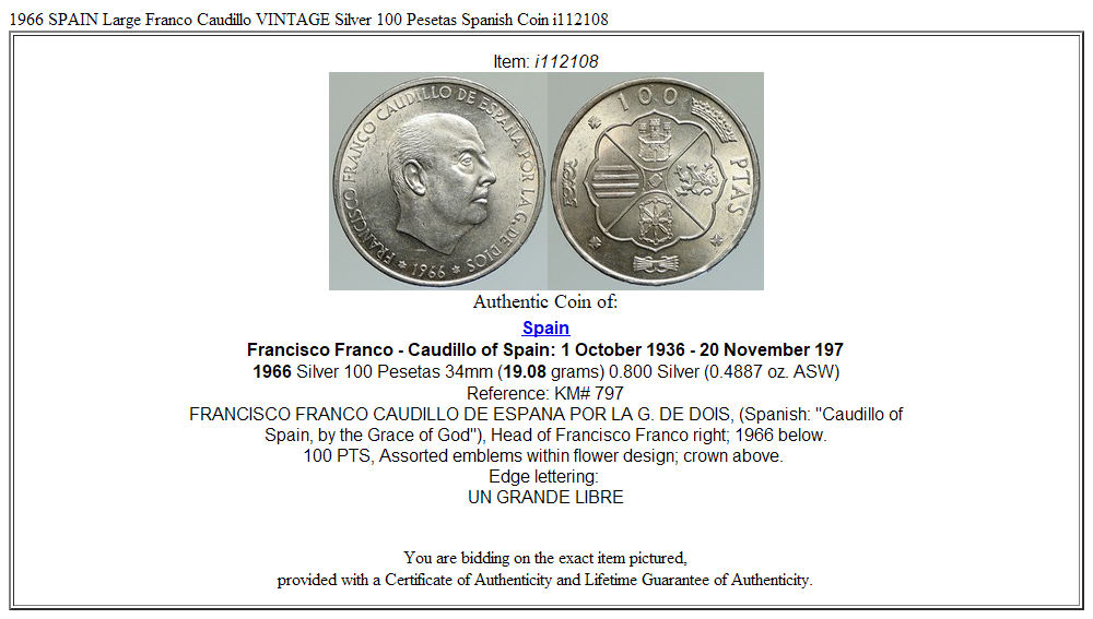 1966 SPAIN Large Franco Caudillo VINTAGE Silver 100 Pesetas Spanish Coin i112108