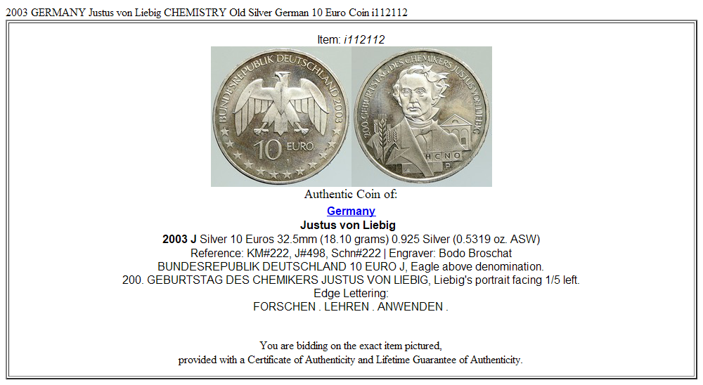 2003 GERMANY Justus von Liebig CHEMISTRY Old Silver German 10 Euro Coin i112112