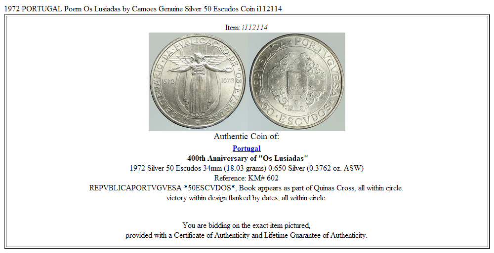 1972 PORTUGAL Poem Os Lusiadas by Camoes Genuine Silver 50 Escudos Coin i112114