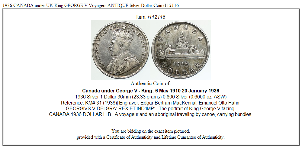 1936 CANADA under UK King GEORGE V Voyagers ANTIQUE Silver Dollar Coin i112116