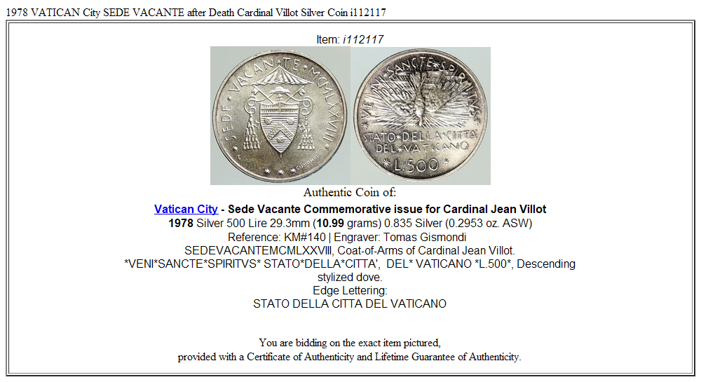 1978 VATICAN City SEDE VACANTE after Death Cardinal Villot Silver Coin i112117