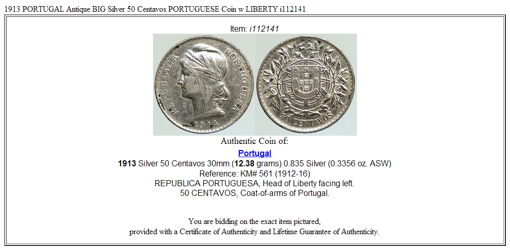 1913 PORTUGAL Antique BIG Silver 50 Centavos PORTUGUESE Coin w LIBERTY i112141