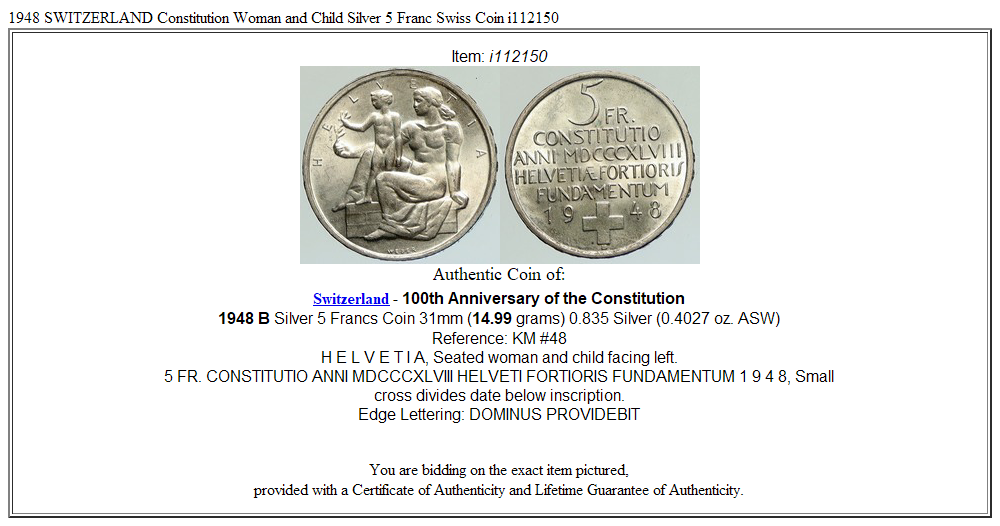 1948 SWITZERLAND Constitution Woman and Child Silver 5 Franc Swiss Coin i112150