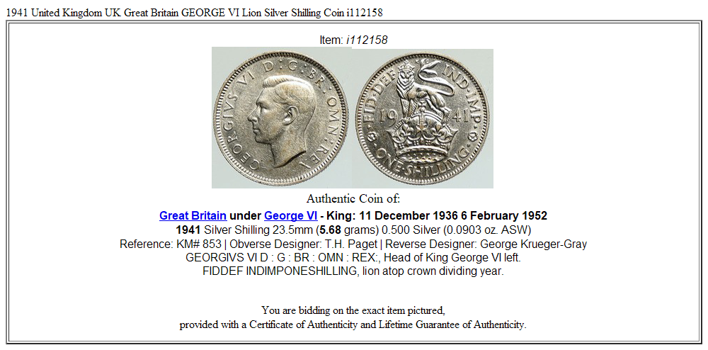 1941 United Kingdom UK Great Britain GEORGE VI Lion Silver Shilling Coin i112158