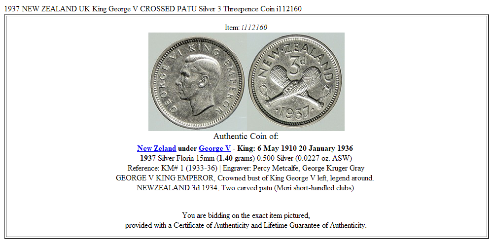 1937 NEW ZEALAND UK King George V CROSSED PATU Silver 3 Threepence Coin i112160