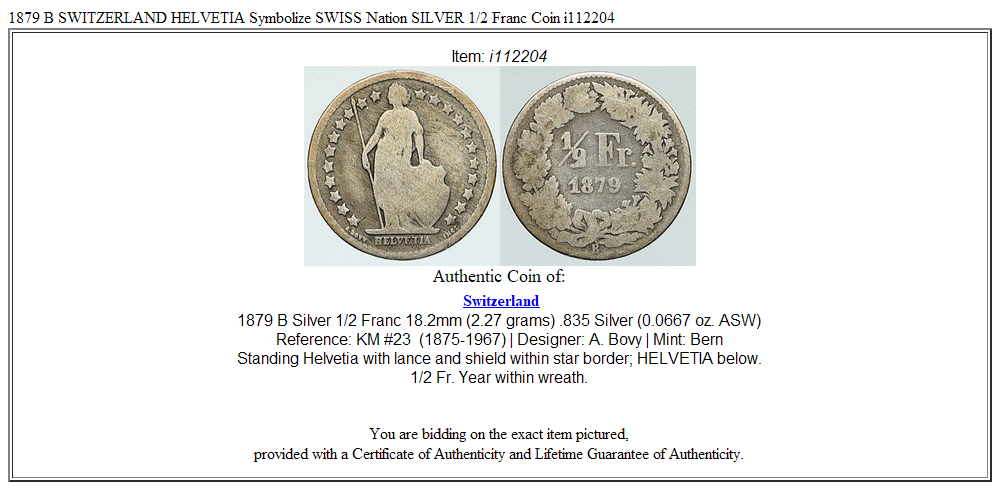1879 B SWITZERLAND HELVETIA Symbolize SWISS Nation SILVER 1/2 Franc Coin i112204