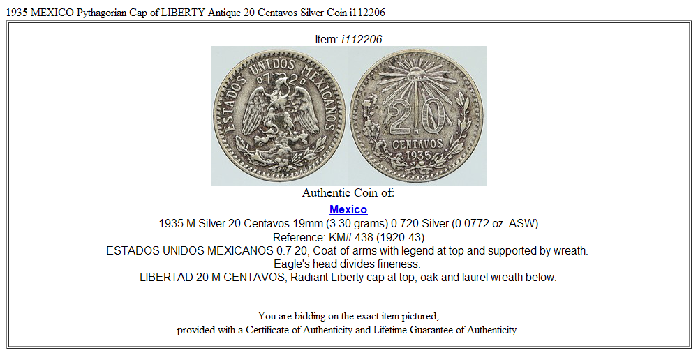 1935 MEXICO Pythagorian Cap of LIBERTY Antique 20 Centavos Silver Coin i112206