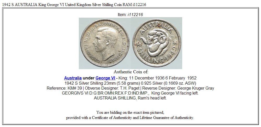 1942 S AUSTRALIA King George VI United Kingdom Silver Shilling Coin RAM i112216