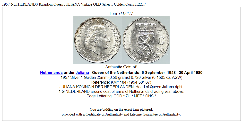 1957 NETHERLANDS Kingdom Queen JULIANA Vintage OLD Silver 1 Gulden Coin i112217