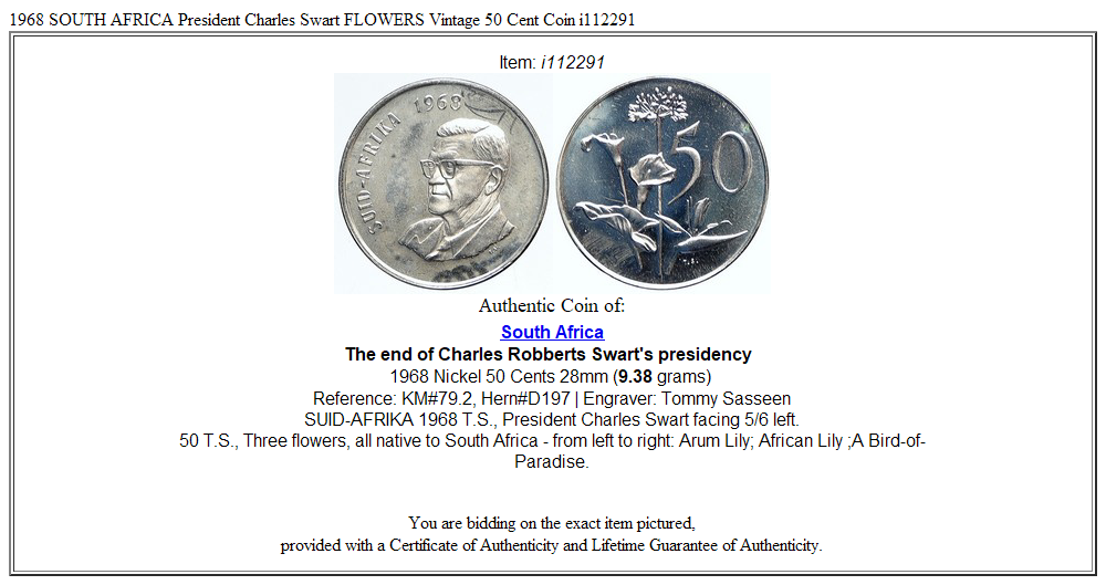 1968 SOUTH AFRICA President Charles Swart FLOWERS Vintage 50 Cent Coin i112291