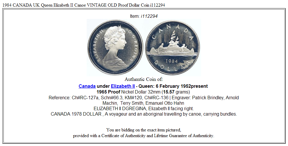 1984 CANADA UK Queen Elizabeth II Canoe VINTAGE OLD Proof Dollar Coin i112294