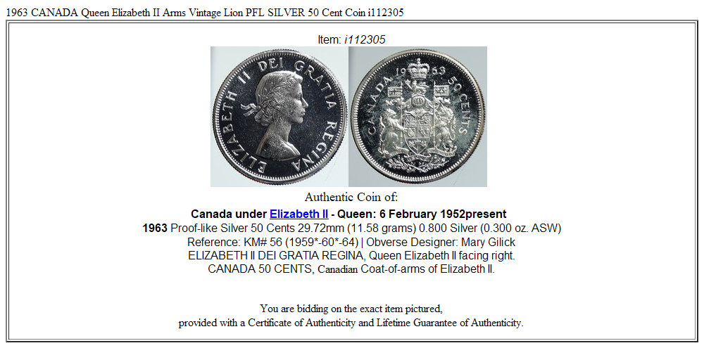 1963 CANADA Queen Elizabeth II Arms Vintage Lion PFL SILVER 50 Cent Coin i112305