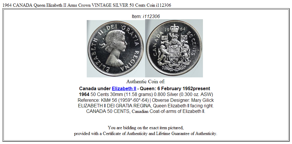 1964 CANADA Queen Elizabeth II Arms Crown VINTAGE SILVER 50 Cents Coin i112306