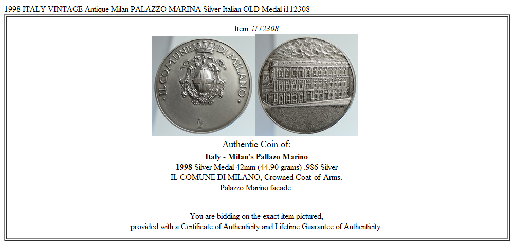 1998 ITALY VINTAGE Antique Milan PALAZZO MARINA Silver Italian OLD Medal i112308