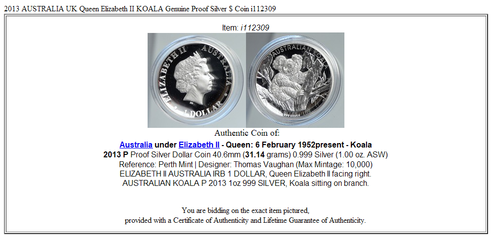 2013 AUSTRALIA UK Queen Elizabeth II KOALA Genuine Proof Silver $ Coin i112309