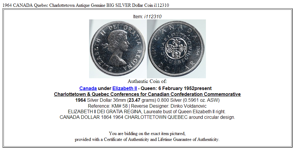 1964 CANADA Quebec Charlottetown Antique Genuine BIG SILVER Dollar Coin i112310