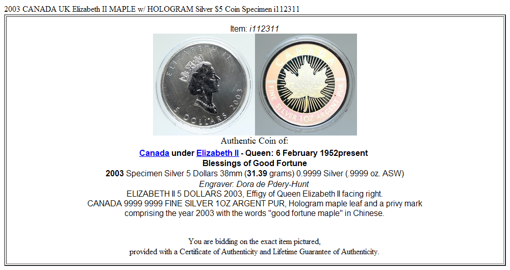 2003 CANADA UK Elizabeth II MAPLE w/ HOLOGRAM Silver $5 Coin Specimen i112311