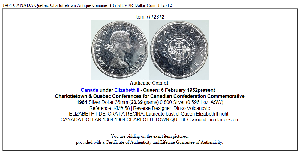 1964 CANADA Quebec Charlottetown Antique Genuine BIG SILVER Dollar Coin i112312