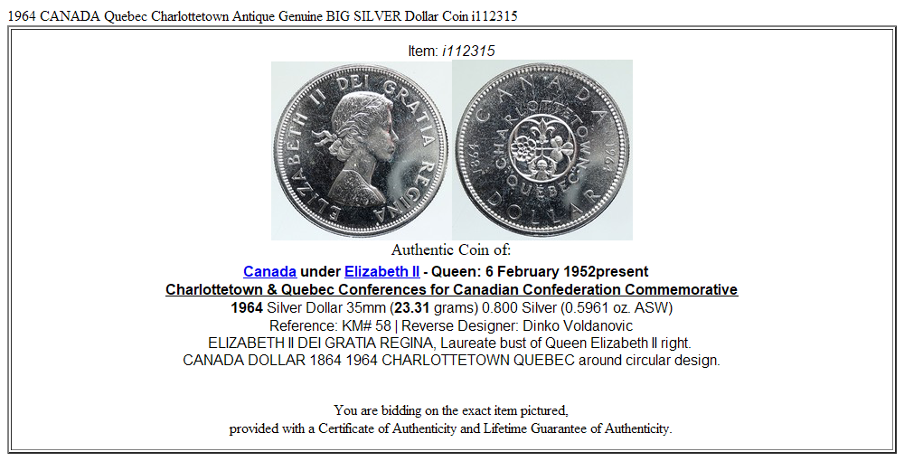 1964 CANADA Quebec Charlottetown Antique Genuine BIG SILVER Dollar Coin i112315