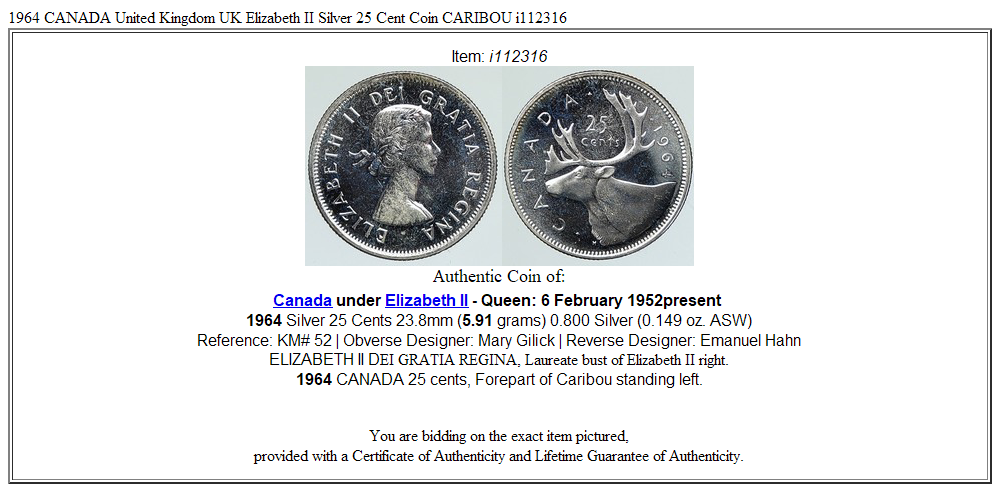 1964 CANADA United Kingdom UK Elizabeth II Silver 25 Cent Coin CARIBOU i112316