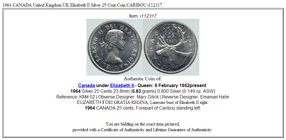 1964 CANADA United Kingdom UK Elizabeth II Silver 25 Cent Coin CARIBOU i112317