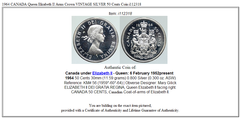 1964 CANADA Queen Elizabeth II Arms Crown VINTAGE SILVER 50 Cents Coin i112318