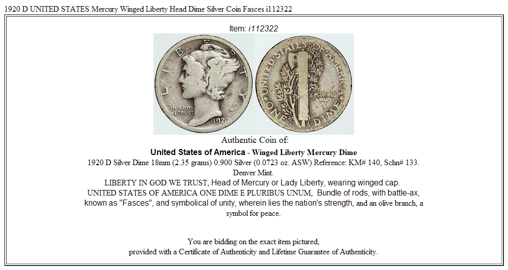 1920 D UNITED STATES Mercury Winged Liberty Head Dime Silver Coin Fasces i112322