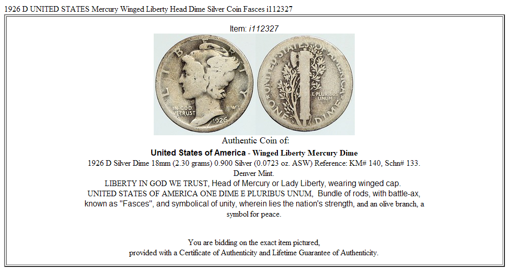 1926 D UNITED STATES Mercury Winged Liberty Head Dime Silver Coin Fasces i112327