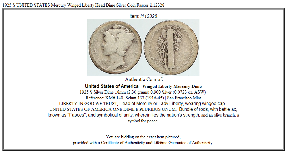 1925 S UNITED STATES Mercury Winged Liberty Head Dime Silver Coin Fasces i112328