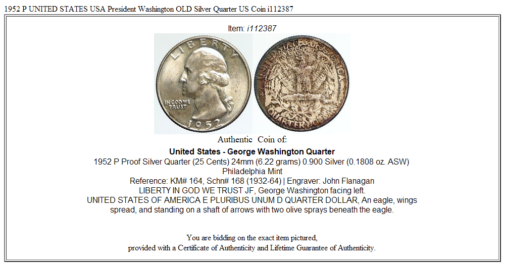 1952 P UNITED STATES USA President Washington OLD Silver Quarter US Coin i112387