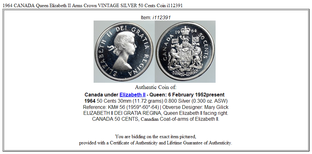 1964 CANADA Queen Elizabeth II Arms Crown VINTAGE SILVER 50 Cents Coin i112391