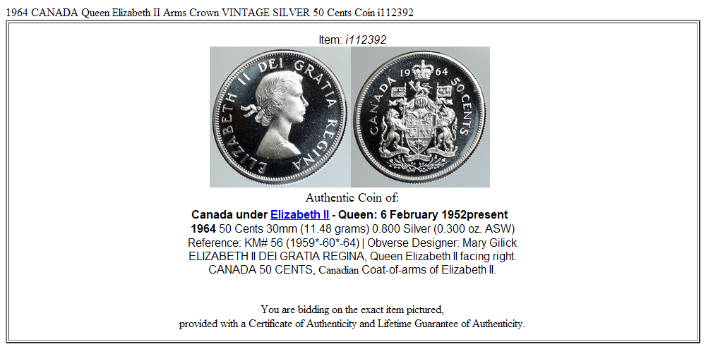 1964 CANADA Queen Elizabeth II Arms Crown VINTAGE SILVER 50 Cents Coin i112392