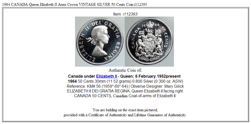 1964 CANADA Queen Elizabeth II Arms Crown VINTAGE SILVER 50 Cents Coin i112393