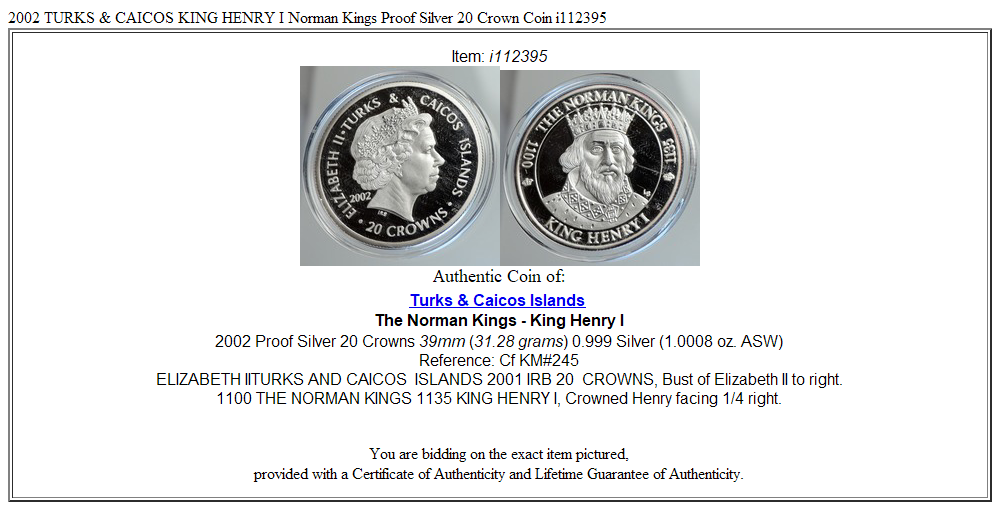 2002 TURKS & CAICOS KING HENRY I Norman Kings Proof Silver 20 Crown Coin i112395