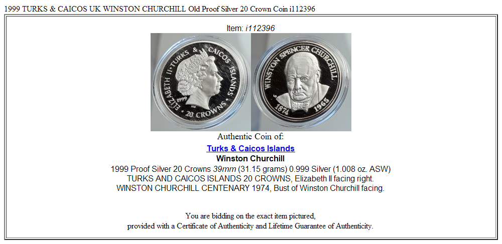 1999 TURKS & CAICOS UK WINSTON CHURCHILL Old Proof Silver 20 Crown Coin i112396