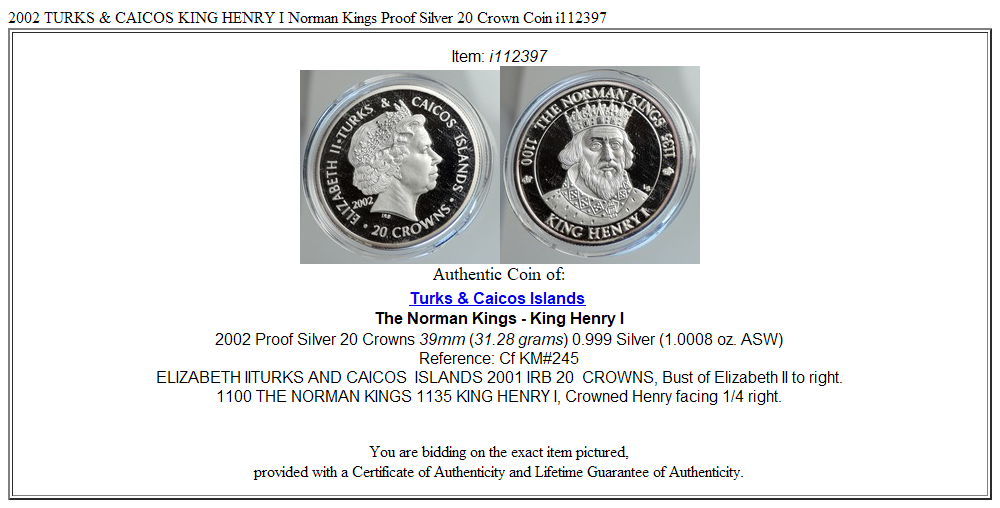 2002 TURKS & CAICOS KING HENRY I Norman Kings Proof Silver 20 Crown Coin i112397