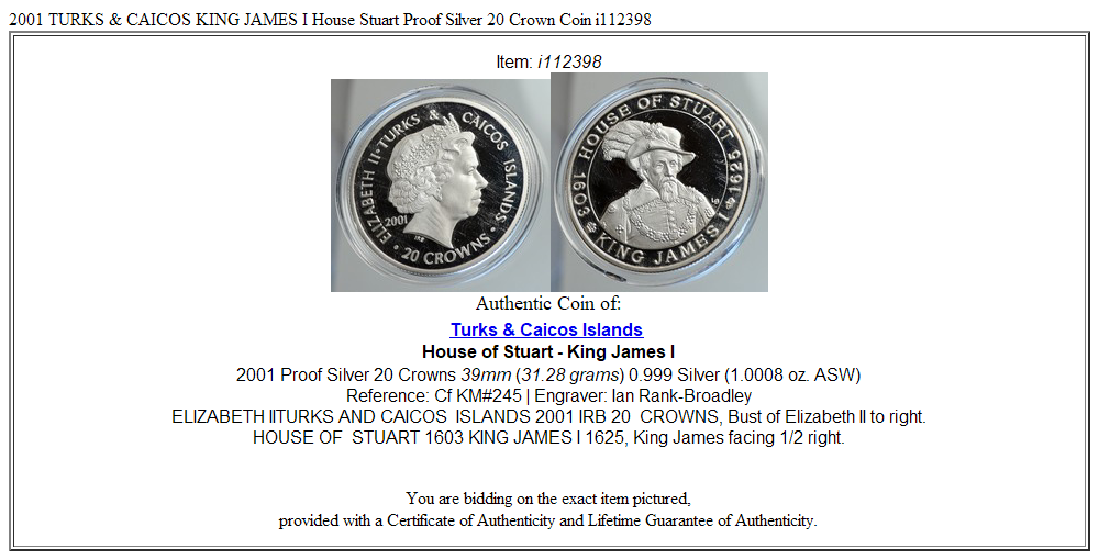 2001 TURKS & CAICOS KING JAMES I House Stuart Proof Silver 20 Crown Coin i112398