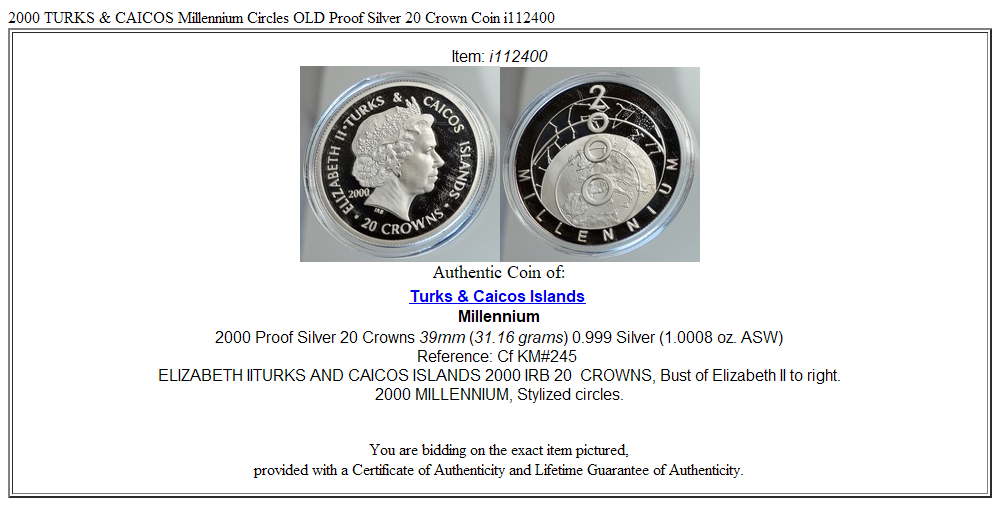 2000 TURKS & CAICOS Millennium Circles OLD Proof Silver 20 Crown Coin i112400