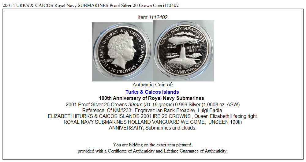 2001 TURKS & CAICOS Royal Navy SUBMARINES Proof Silver 20 Crown Coin i112402